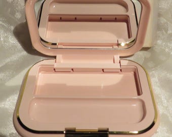 Mary Kay vintage Glamour Compact Square 2 eye shadow or blush fits Room for applicators Gold tone trim MK logo on front Gold labels included