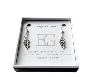 Daisy Flower Charm Earrings, Choice of Metals / Good Wishes/ Gardening Quotes on Insert in Gift Box - Gift for Her / Gardener