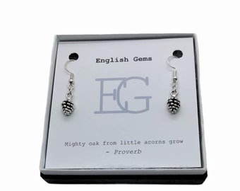 Acorn Charm Earrings, Choice of Metals / Good Wishes / Acorn Quotes on Insert in Gift Box - Gift for Her / Gardener