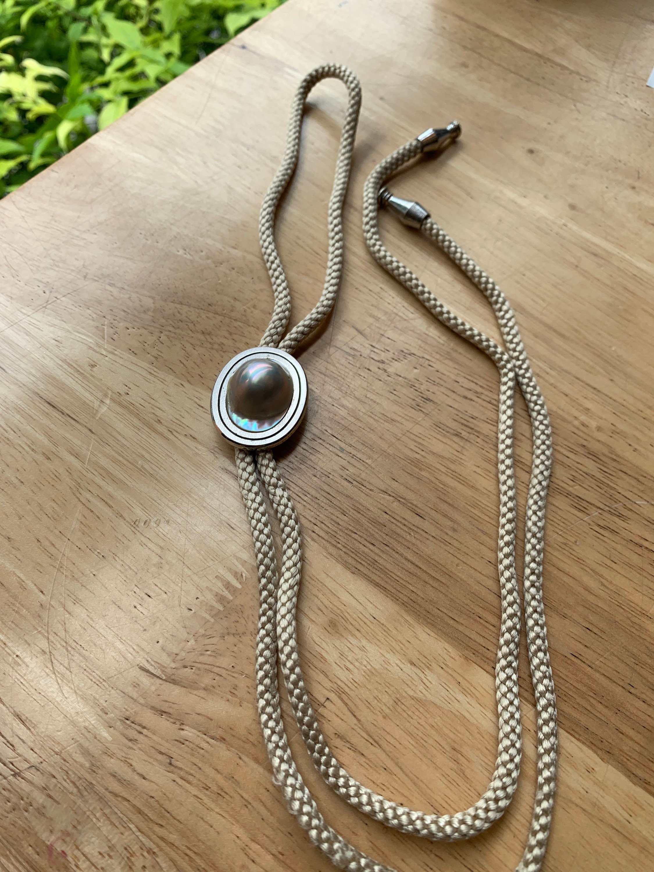 Vintage Metal Bolo Tie Necklace Big Pearl Silver Etsy