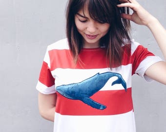 Red and white stripes big blue whale dress fish sea ocean