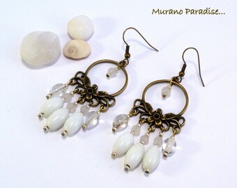 Earrings chandelier white pearls and bronze flower