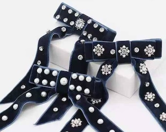 Blue Velvet Hair Barrette: Diamante Long Tail Bow