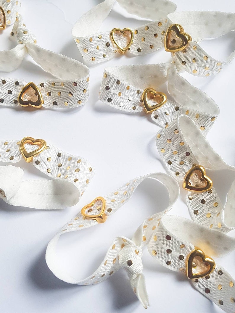 Stacking Bracelet Christmas Gift Hair Ties White and Gold Women Elastic Hair Tie Bracelet Heart Charm Elastic Hair Tie Charm Bracelet