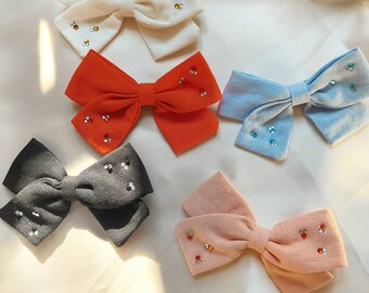 Embellished Linen Baby Bow: Alligator Clip Pigtail Bow