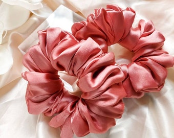 Handmade Rose Pink Satin Scrunchie: Soft Hair Tie