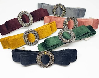 Velvet Diamante Bow Barrette: Embellished French Hair Clip