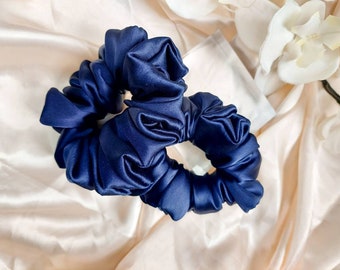 Handmade Navy Satin Scrunchie: Soft Hair Tie