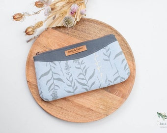 Meva *~* Cosmetic bag / Accessory bag / Canvas / Leaf tendril / light blue, grey & light grey