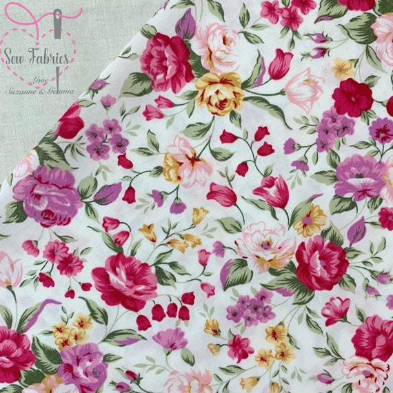 Polycotton Fabric Ditsy Floral Pink Roses Flowers