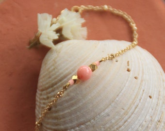 Fine bracelet, brass gilded with fine 24-carat gold, tinted sea bamboo, coral