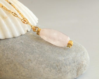 Women's necklace, natural stone, rose quartz, gilded with 16 carat fine gold