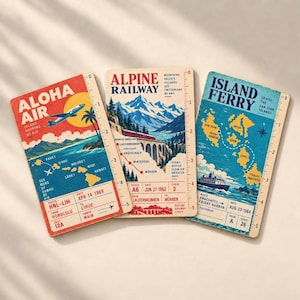 May include: Three rectangular wooden plaques designed as vintage travel tickets. The left shows Aloha Air with a Hawaiian map, the center depicts Alpine Railway with mountain scenery, and the right displays Island Ferry with a San Juan Islands map.