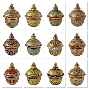 NEW ARRIVAL Thai Benjarong Handmade Porcelain, Ceramic Jar with lid, Thai Hand Painted pottery, Unique Colorful Gift come with Thai silk box