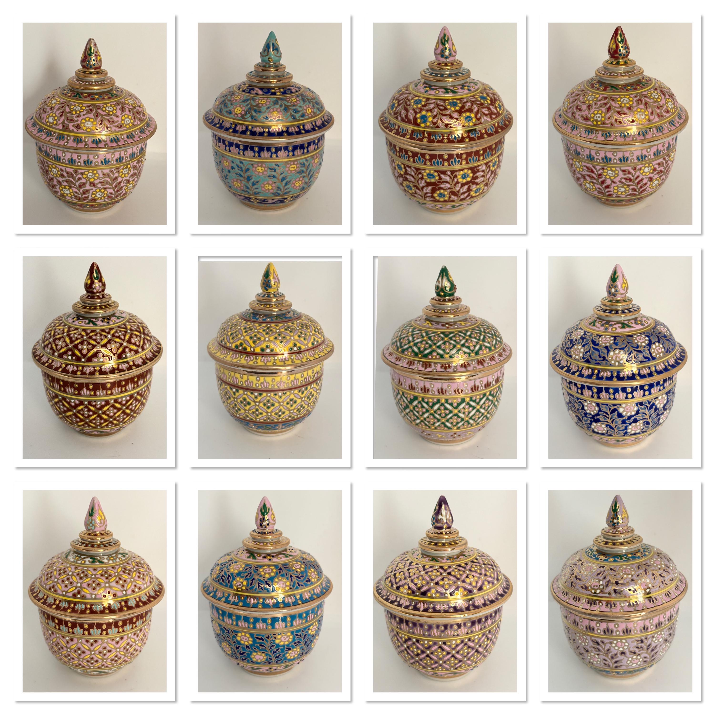 Hand painted in Thailand ハンドペイント 金彩 花文様皿 LTD Thai Benjarong Handmade Porcelain, Ceramic Jar With Lid, Thai