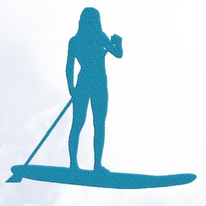 May include: A blue silhouette of a person standing on a paddleboard, holding a paddle in their right hand. The paddleboard is floating on a white background with clouds.