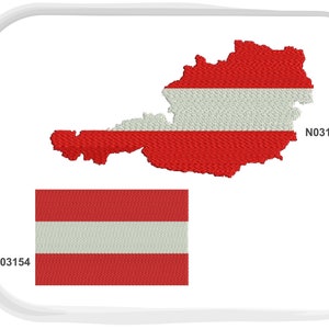 May include: Embroidered design featuring the map of Austria and a rectangular Austrian flag, both in red, white, and red horizontal stripes. The design includes the text "DESIGN NOW" and the numbers "N03155" and "N03154".