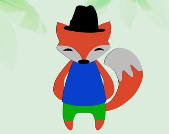 Diseño de bordado de zorro, patrón de bordado de zorro con sombrero, diseños de animales para niños lindos para máquinas de bordar, bocetos digitales