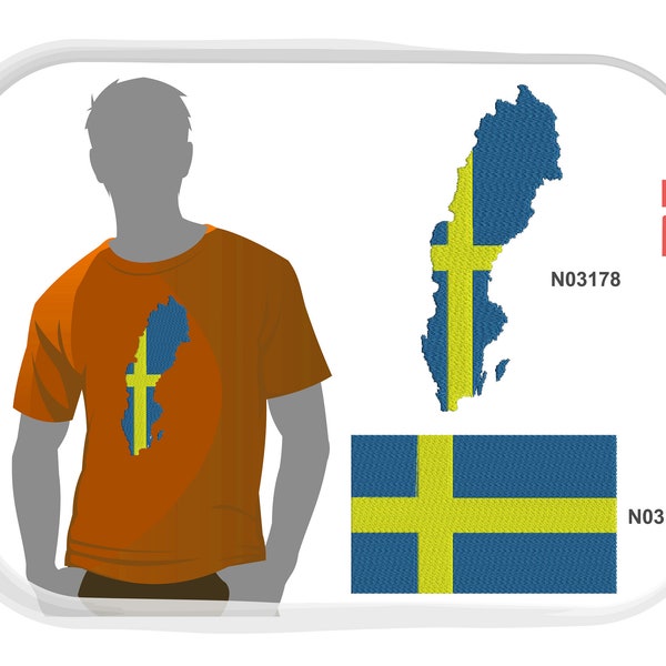 Suecia Bordado a máquina Diseño Bandera Reino de Suecia Mapa de la bandera SWE País Conjunto de 2 diseños 7 tamaños