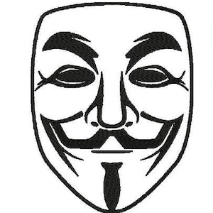 May include: Black and white illustration of a stylized face mask with a wide smile and a goatee. The mask is often associated with the hacker group Anonymous.