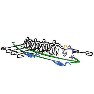 Peut inclure: Un dessin au trait d'une équipe d'aviron dans un bateau avec des rames. Le bateau est vert et l'eau est bleue. Les rameurs sont en noir et blanc.