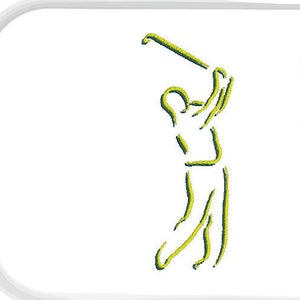 Peut inclure: Un dessin au trait d'un golfeur en train de frapper une balle de golf. Le golfeur est dessiné en jaune-vert.