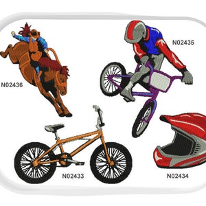 Może przedstawiać: Zestaw czterech wzorów haftu przedstawiających osobę jeżdżącą konno, osobę jeżdżącą na rowerze, rower i kask. Wzory są oznaczone numerami N02436, N02435, N02433 i N02434.