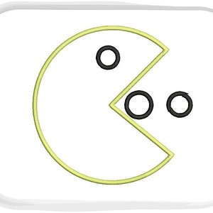 May include: A yellow Pac-Man character with a black open mouth and three black dots inside the mouth.