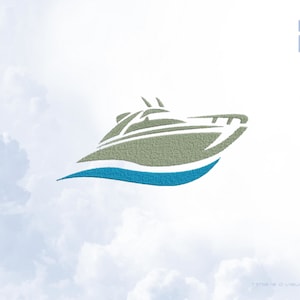 Könnte beinhalten: Eine graue und blaue Silhouette eines Bootes auf einer Welle. Das Boot ist stilisiert und hat ein einfaches Design. Das Bild ist vor einem weißen Hintergrund mit Wolken.