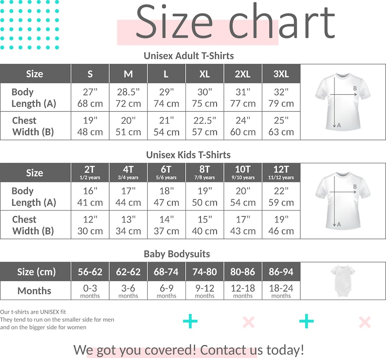 以下が含まれることがあります： ユニセックス大人用と子供用Tシャツ、ベビーボディスーツのサイズチャート。体の長さと胸囲の測定値をセンチメートルとインチで示しています。チャートには、さまざまな年齢層と月齢のサイズ情報も記載されています。