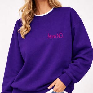 Puede incluir: Una sudadera morada con el texto "Ähm.NÖ." en rosa. La sudadera tiene un cuello redondo blanco y mangas largas. La persona lleva vaqueros azules y tiene la mano en el bolsillo.