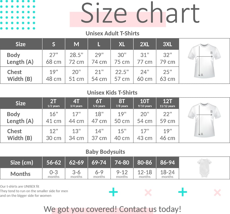 以下が含まれることがあります： ユニセックス大人用と子供用Tシャツ、ベビーボディスーツのサイズ表。体の長さと胸囲の測定値をセンチメートルとインチで示しています。この表には、さまざまな年齢層のサイズ情報も記載されています。