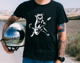 Rock cat playing guitar original t-shirt, funny music lover tee, Christmas Gift for cat owners