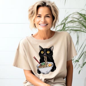 chemise vintage chat avec nouilles, t-shirt ramen chat, chemises pour amoureux des chats, chemises nouilles chat noir, t-shirts chat rétro, sweat-shirts pour amoureux des chats, t-shirt chat noir