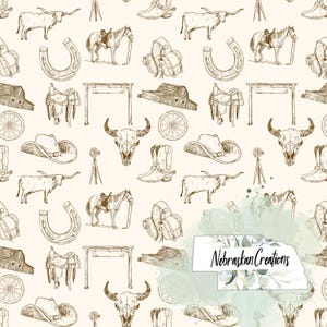 May include: A seamless pattern featuring hand-drawn illustrations of cowboy-themed elements. The design includes longhorn cattle, horses, cowboy hats, horseshoes, saddles, boots, and a barn. The color palette is a warm beige with brown line art.