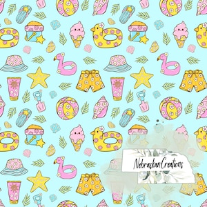 May include: A repeating pattern of summer-themed illustrations on a light blue background. The design includes beach balls, ice cream cones, duck-shaped floats, swimsuits, hats, starfish, seashells, and sunscreen. The overall colour palette is pastel with yellow, pink, and blue.