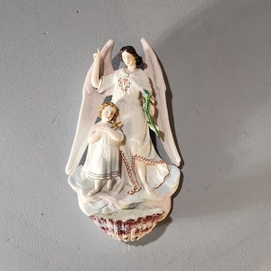 Polychrome biscuit holy water font &quot;The angel and the child&quot;. Made in France 1900.