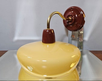 Vintage wall lamp in opaline glass, ceramic and golden brass. 50s style lighting. Fabenjoy creation. Made in France.