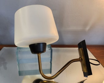 Vintage wall lamp in painted metal, golden brass and white glass. Made in France 1950s.