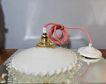 Vintage white opaline pendant light with pleated border and white ceramic rosette. . 1930s. Made in France.