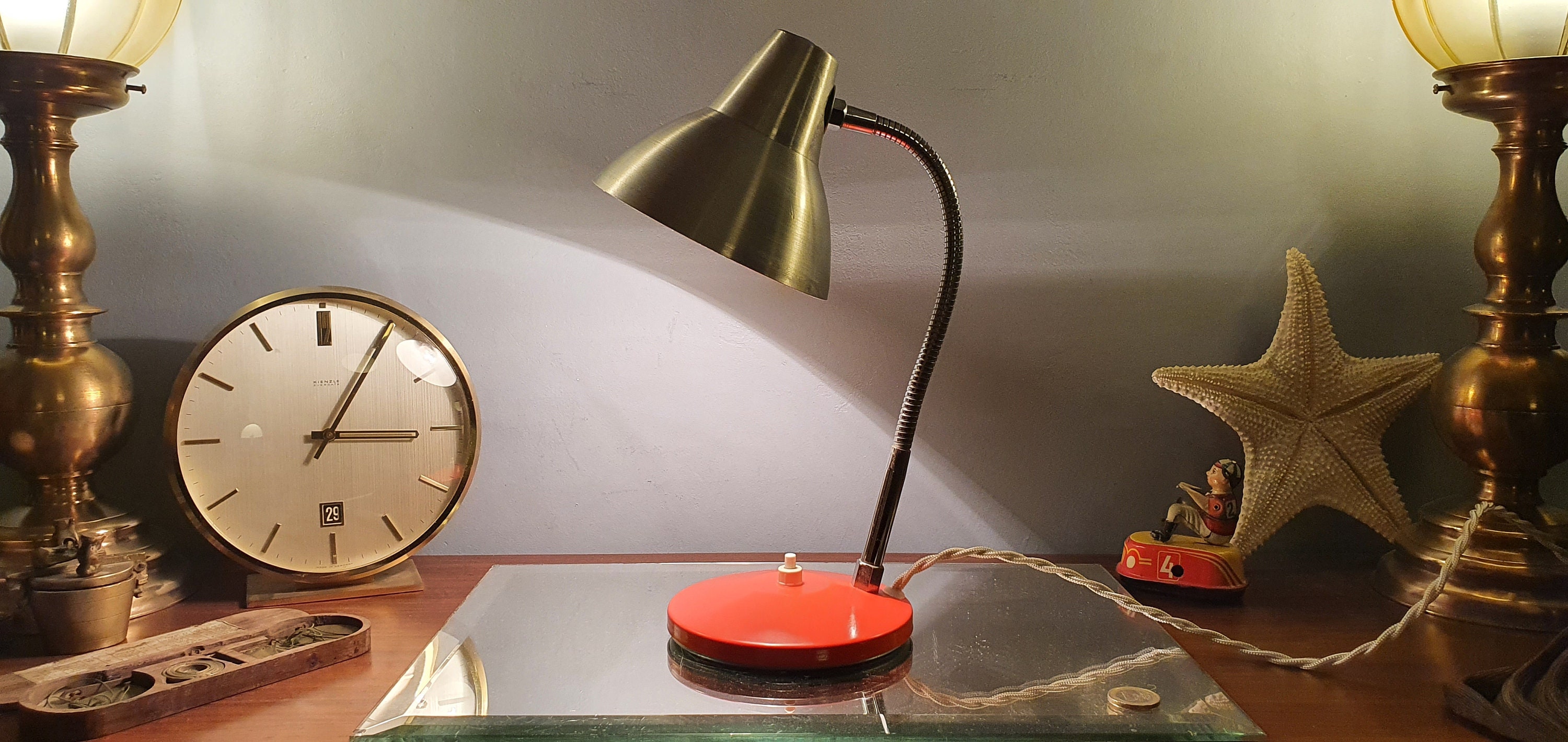 Lampe de Bureau Vintage en Alu Brossé avec Base Orange. 1960/1970.