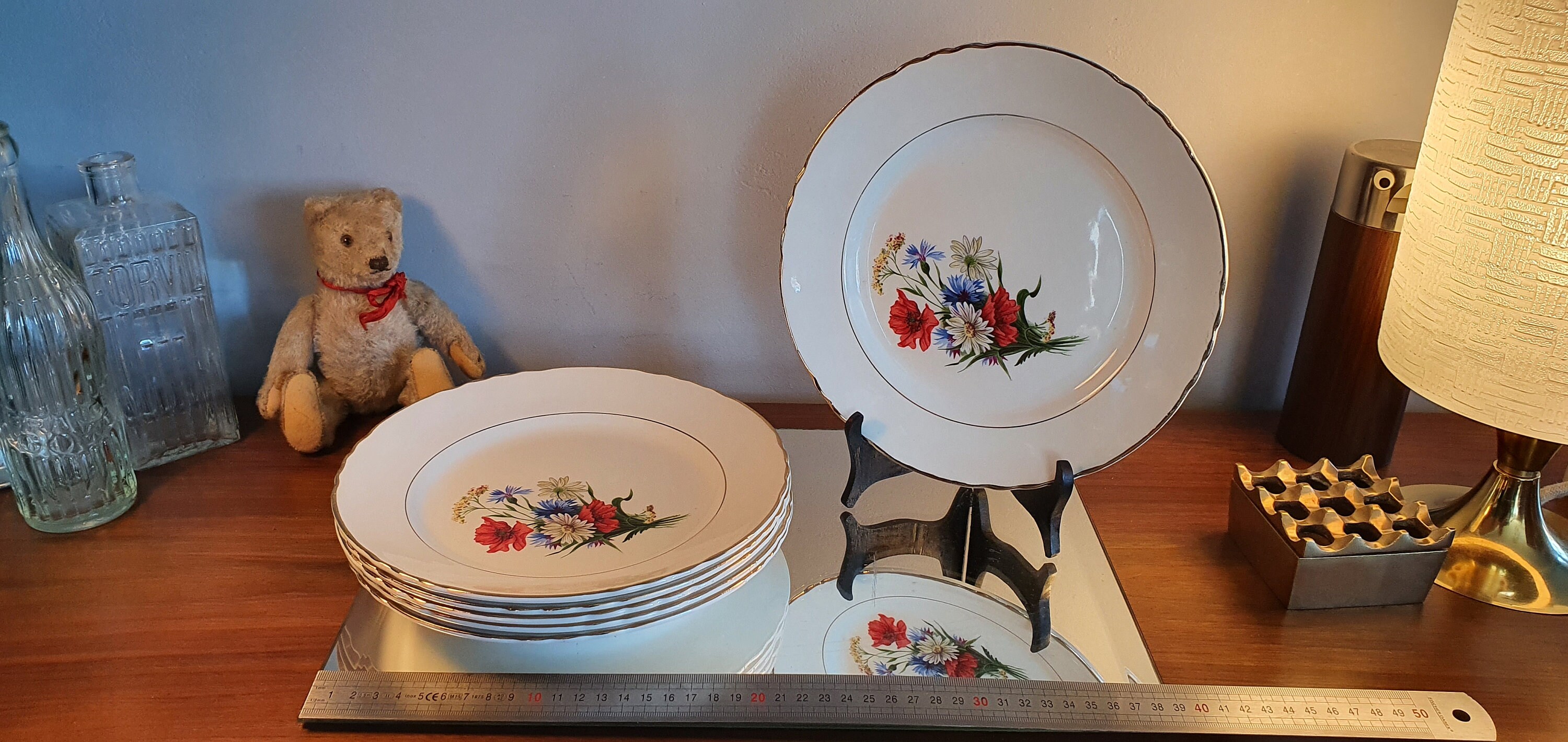 Set de 6 Assiettes Plates Vintages en Faïence à Décors Fleurs et Liseré Doré, Moulin Des Loups Orchi