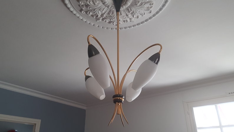 Chandelier authentic french vintage 19501960 Arlus Lunel white glass and brass.