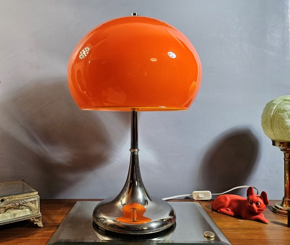 Vintage Table Lamp With Chrome Tulip Base and Orange Glass Globe