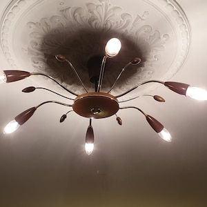 Vintage spider chandelier in wood and gilded brass. 1950.