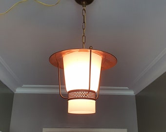 Vintage lantern-style pendant light in metal, copper, and opaline. Made in France in the 1950s.