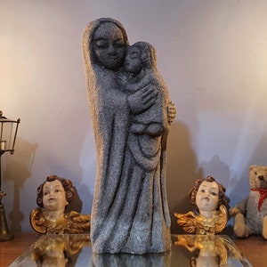 Reconstituted stone statuette &quot;Virgin and Child&quot; Brittany, France. 1950.