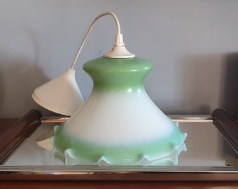 Vintage pendant lamp in white and green opaline. 1960. Made in France.