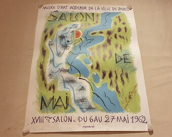 Vintage poster Salon de mai 1962 modern art museum Paris by André Masson.1962.