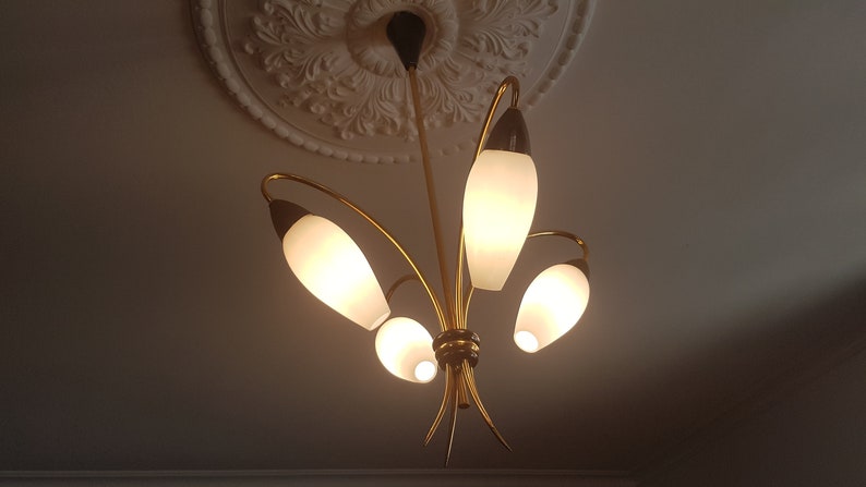 Chandelier authentic french vintage 19501960 Arlus Lunel white glass and brass.